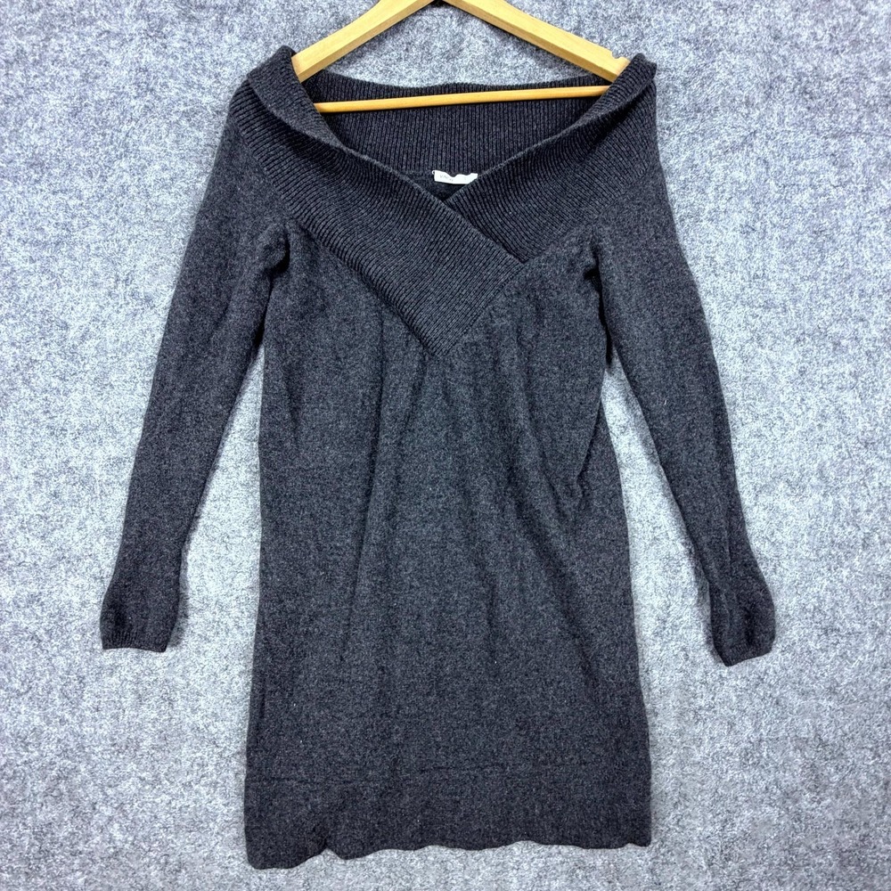 Vince Sweater Dress Womens Gray Rib Knitted‎ Cozy Long Sleeve Off The Shoulder